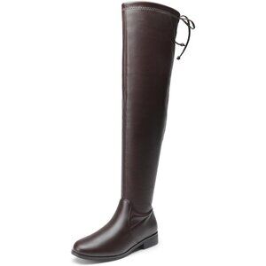 Women's Brown-pu Thigh High Low Block Heel Casual Fashion Over the Knee Boots